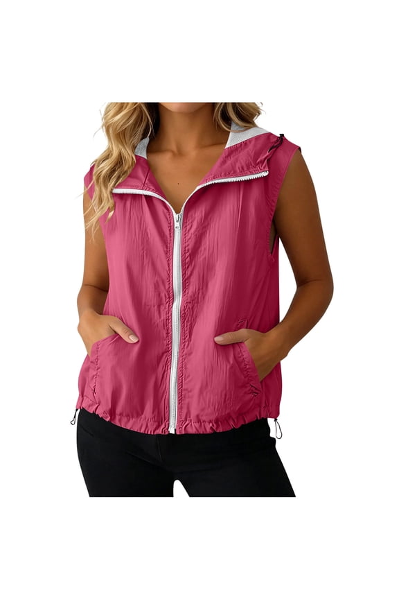 Womens Sleeveless Hooded Vest Waterproof Windproof Zip Up Drawstring Hem Lightweight Water Resistant Outerwear Gilet with Pockets Breathable Packable Sleeveless Jacket
