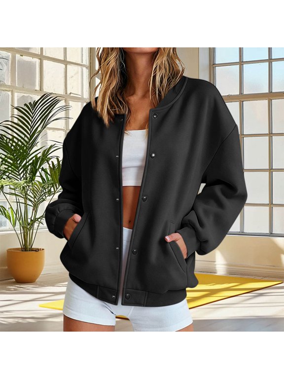 Womens Solid Color Baseball Jacket Stand Collar Snap Button Down Loose Fit Long Sleeve Ribbed Cuff Hem Side Pockets Soft Fleece Casual Bomber Coat Outerwear