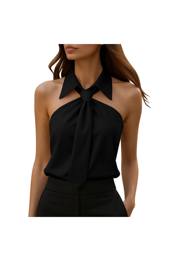 Womens Solid Color Sleeveless Cold Shoulder Blouse Front Tie Knot Detail V Notch Neck Relaxed Fit Lightweight Woven Fabric Casual Daily Shirts Versatile Layering Tops