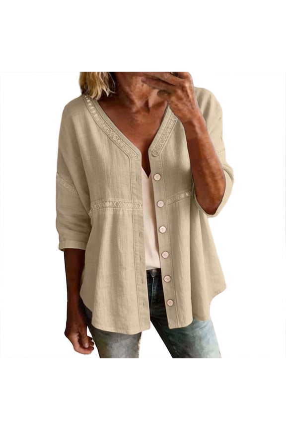 Womens Solid Cotton Linen Embroidered 3/4 Sleeve Button Front Cardigan Relaxed Fit Breathable Lightweight Loose Casual Layering Tunic Blouse Top