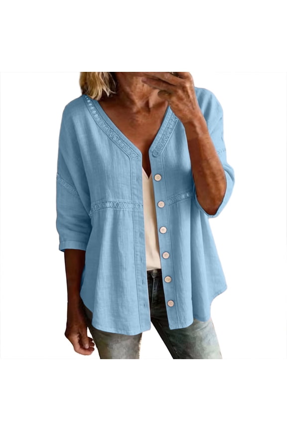 Womens Solid Cotton Linen Embroidered 3/4 Sleeve Button Front Cardigan Relaxed Fit Breathable Lightweight Loose Casual Layering Tunic Blouse Top