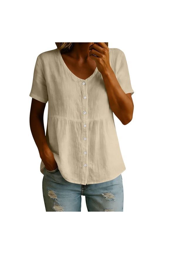 Womens Solid Cotton Linen Short Sleeve V Neck Button Front Shirts Loose Relaxed Fit Breathable Woven Blouses Adjustable Placket Lightweight Casual Summer Tops