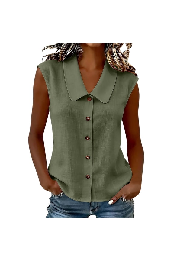 Womens Solid Slub Linen Sleeveless Peter Pan Collar Button Front Cardigan Relaxed Fit Breathable Lightweight Loose Casual Layering Vest Blouse