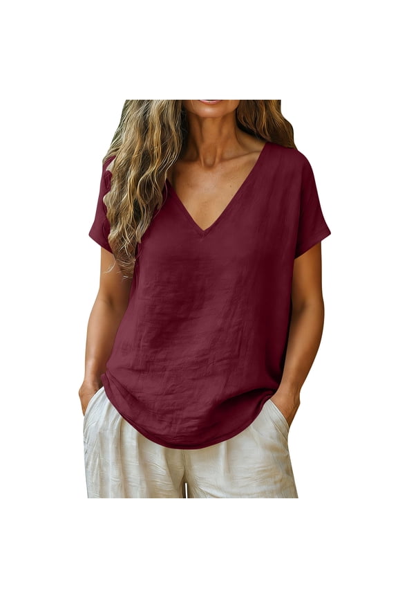 Womens Solid V Neck Short Sleeve Linen Texture Shirts Lightweight Breathable Crinkle Fabric Curved Hem Loose Fit Wrinkle Resistant Relaxed Pullover Blouse Soft Tops