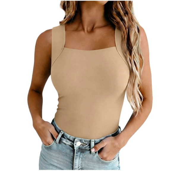 Cowsor Womens Square Neck Wide Strap Ribbed Knit Tank Tops Solid Slim Fitted Bodycon Stretch Fabric Seamless Casual Layering Sleeveless Shirts