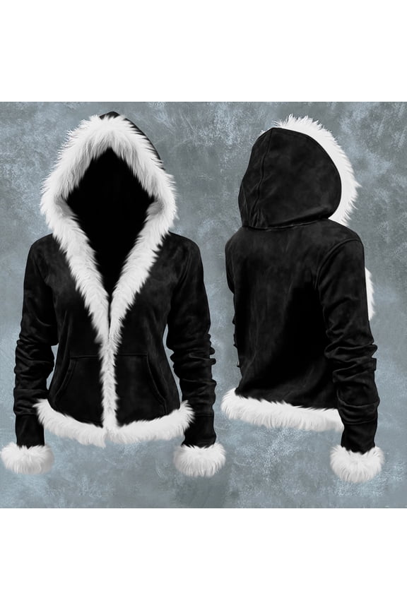 Womens Suede Texture Zip Up Hoodie Jacket Faux Fur Trim Hood Cuff Hem Kangaroo Pocket Slim Fit Long Sleeve Warm Winter Outerwear Tops