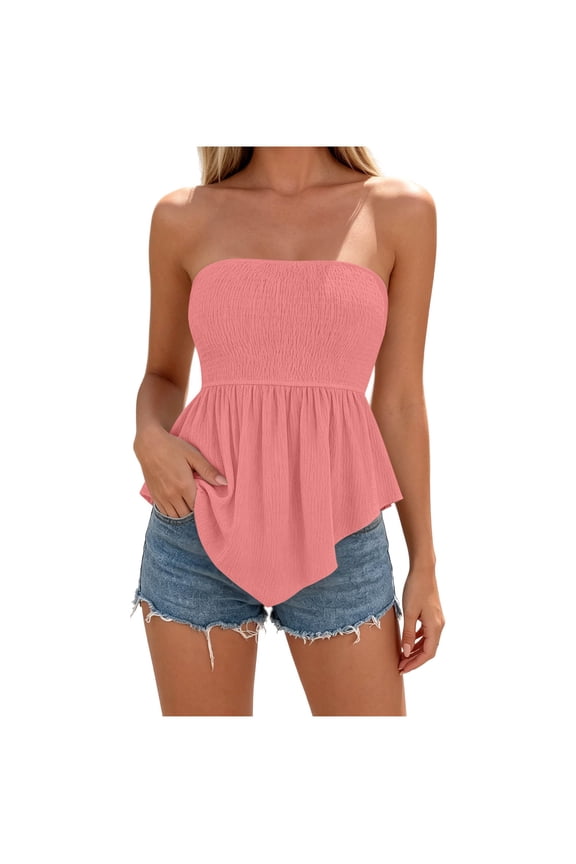 Womens Textured Strapless Tube Tops Smocked Bandeau Asymmetrical Hem Peplum Casual Sleeveless Flowy Ruffle Hem Off Shoulder Summer Blouses Camisole Shirts