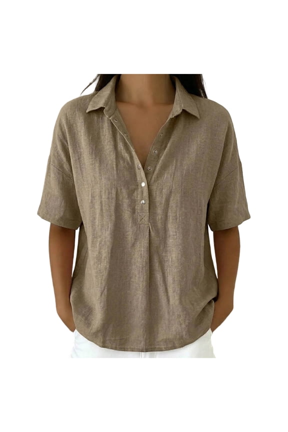 Womens Turn Collar V Neck Snap Button Short Sleeve Linen Shirts Washed Wrinkle Texture Solid Loose Relax Fit Curved Hem Casual Daily Blouse Tops