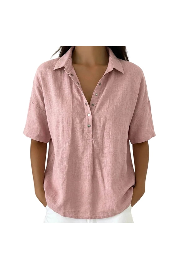 Womens Turn Collar V Neck Snap Button Short Sleeve Linen Shirts Washed Wrinkle Texture Solid Loose Relax Fit Curved Hem Casual Daily Blouse Tops