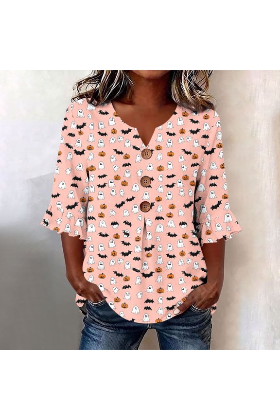 Womens V Neck 3/4 Ruffle Sleeve Button Front Blouse Full Ghost Bat Pumpkin Print Loose Fit Casual Pullover Top