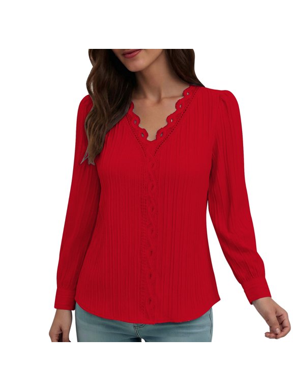 Womens V Neck Lace Trim Long Sleeve Blouse Puff Shoulder Vertical Textured Knit Front Decorative Lace Stitching Loose Fit Curved Hem Casual Daily Wear Shirts for Ladies