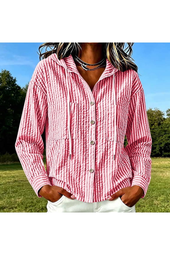 Womens Vertical Striped Button Front Hooded Shacket Long Sleeve Drawstring Hood Pullover Tops Textured Crinkle Fabric Casual Cropped Jacket with Side Pockets Lightweight Outwear