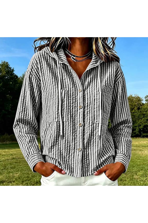 Womens Vertical Striped Button Front Hooded Shacket Long Sleeve Drawstring Hood Pullover Tops Textured Crinkle Fabric Casual Cropped Jacket with Side Pockets Lightweight Outwear