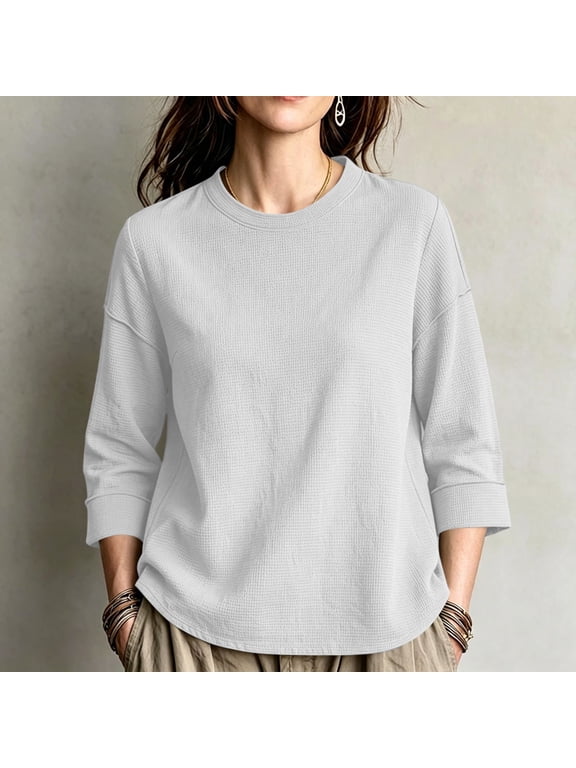 Womens Waffle Knit Crew Neck Three Quarter Drop Sleeve Top Ribbed Hem Loose Fit Textured Jersey Solid Color Breathable Casual Relaxed Tunic Blouse Shirt