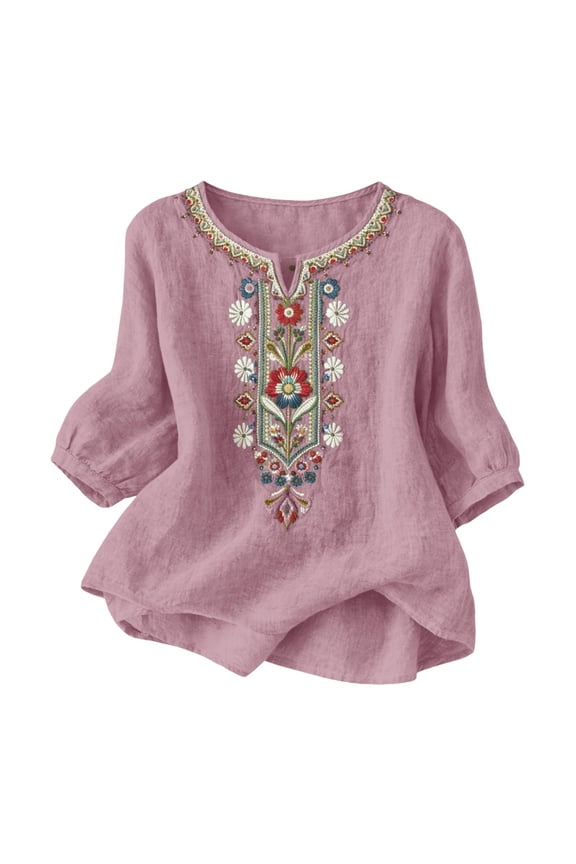 Womens Washed Crinkle Linen Texture Blouse Heavy Embroidery V Neck Short Sleeve and 3/4 Sleeve Two Style Shirts Relaxed Fit Lightweight Breathable Solid Color Versatile Summer Tops Tees