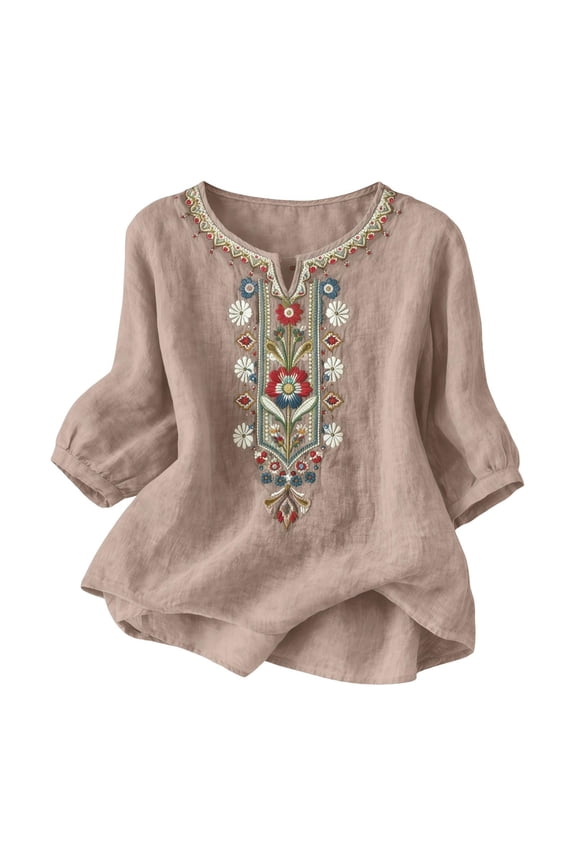 Womens Washed Crinkle Linen Texture Blouse Heavy Embroidery V Neck Short Sleeve and 3/4 Sleeve Two Style Shirts Relaxed Fit Lightweight Breathable Solid Color Versatile Summer Tops Tees
