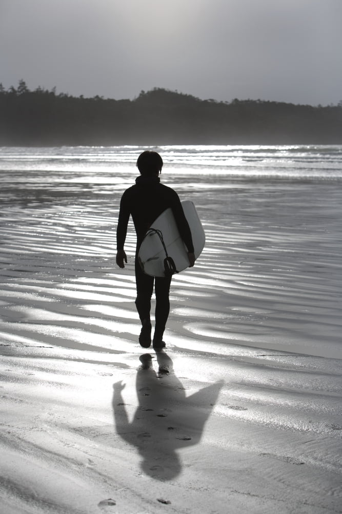 Cox Bay Tofino British Columbia Canada Surfer Walking On The Beach Canvas Art - Deddeda Design Pics (22 x 34)