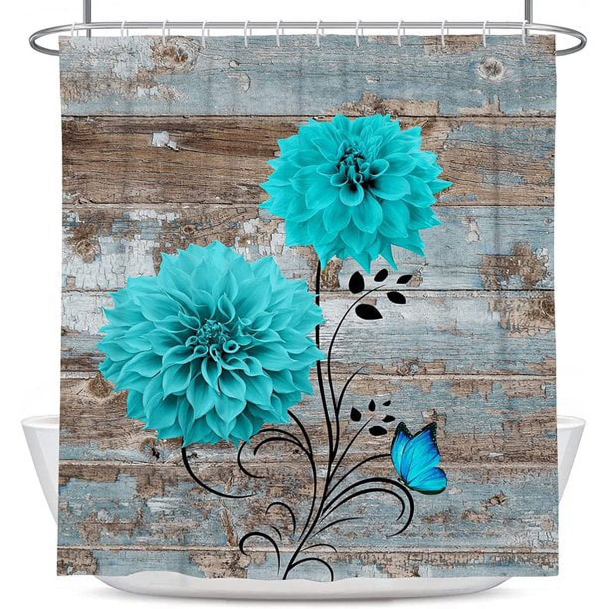 Coxila Farmhouse Teal Shower Curtain Aqua Turquoise Spring Wood Butterfly Daisy Rustic Floral Flower Rustic Wooden Country Bathroom 60 x 72 Inch Polyester Fabric Waterproof 12 Pack Plastic Hooks