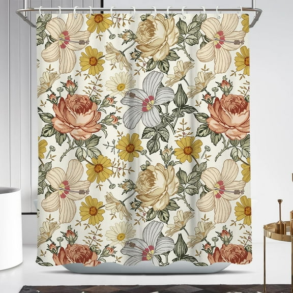 Coxila Floral Shower Curtain Vintage Yellow Retro Flower Farmhouse Cute Rustic Country Pretty Botanical Plant Cottagecore Boho Mustard Antique Fun Bathroom 60 x 72 Inch Polyester Fabric 12 Pack Hooks