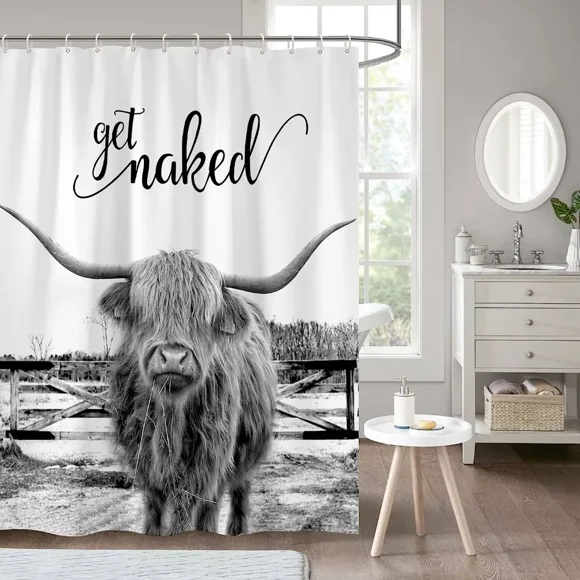 Coxila Highland Cow Shower Curtain Farmhouse Western Bull Cattle Rustic Country Funny Modern Animal Style Bathroom Decor Polyester Fabric Waterproof Durable Plastic Hooks 12 Pack (60Wx72L)