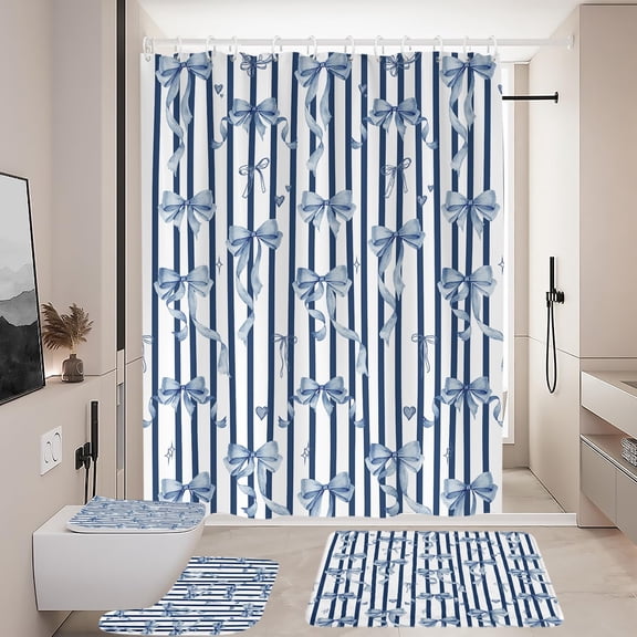 Coxila Pink Bow Shower Curtain Set Cute Girly Girls Preppy White Kids Kawaii Princess Pastel Aesthetic Toilet Lid Cover U Shaped Bath Mat 4 Pcs Decor Bathroom Non-Slip Rug Fabric Polyester 60x72 Inch