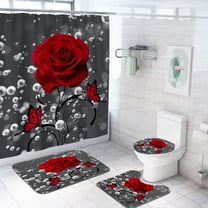 Coxila Teal Floral Shower Curtain Sets Turquoise Aqua Flower Rose Grey Bath Mat 4 Pcs Decor Bathroom Mat Toilet Lid Cover U Shaped Non-Slip Rug Fabric Polyester 60x72 Inch with Twelve Plastic Hooks