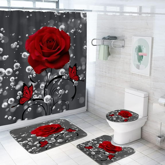 Coxila Teal Floral Shower Curtain Sets Turquoise Aqua Flower Rose Grey Bath Mat 4 Pcs Decor Bathroom Mat Toilet Lid Cover U Shaped Non-Slip Rug Fabric Polyester 60x72 Inch with Twelve Plastic Hooks
