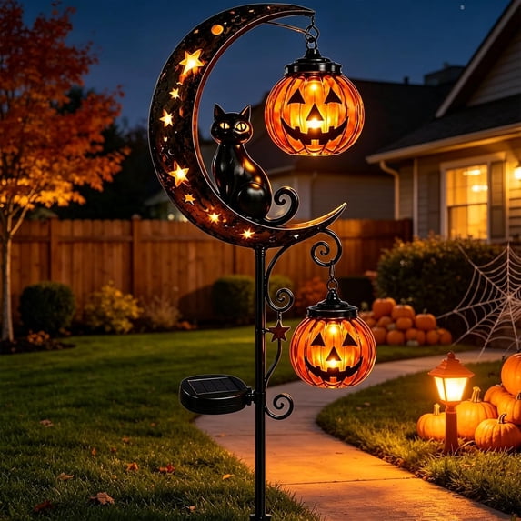 Coyerzoon Halloween Solar Garden Stake Lights, Black Cat Pumpkin Moon