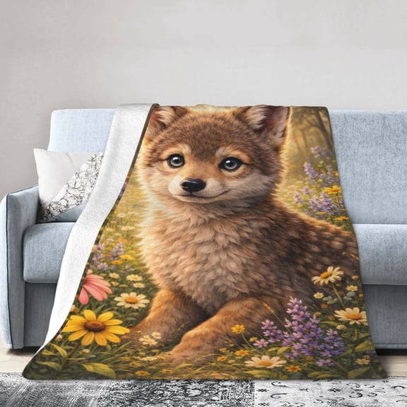 Coyote Blanket Gift for Animal Lovers Coyote Puppy Flower Field Home Decor 50x40