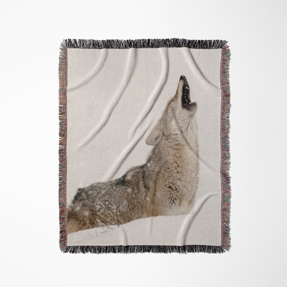 Coyote Howling In Winter Snow, Montana, Woven Blanket