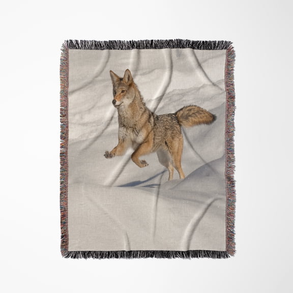 Coyote Running Over Snow In Winter, Montana, Woven Blanket