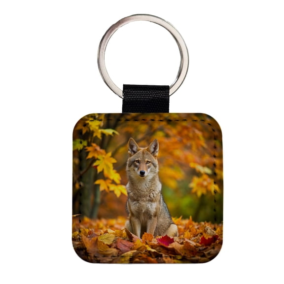 Coyote Sitting In The Fall Leaves Faux Leather Square Keychain