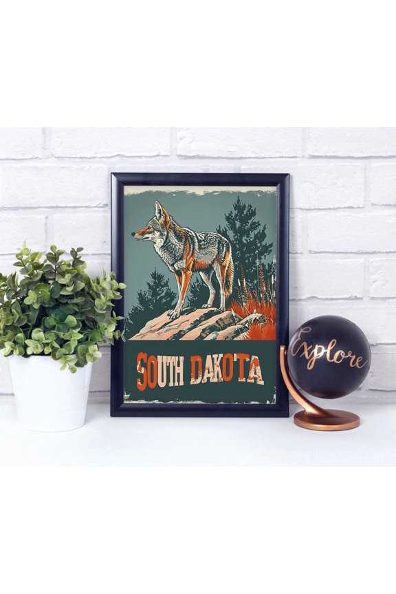 Coyote South Dakota National State Animal Vintage Retro Style Poster Print Wall Décor