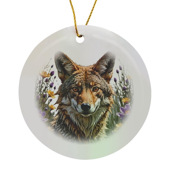 3drose, Coyote Surrounded by American Pasque Flower, Circle Porcelain Ornament