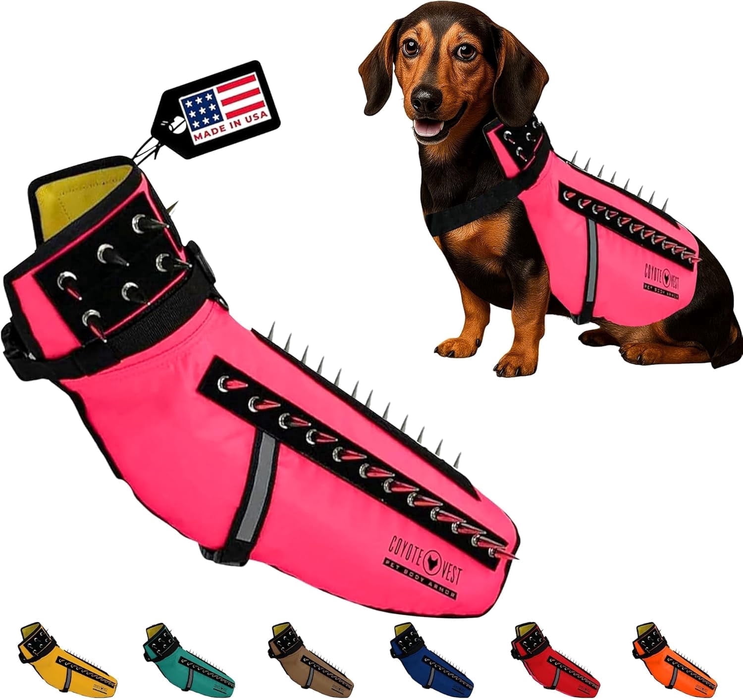 CoyoteVest (Medium, Neon Pink) Dog Harness Protection Vest, Reflective Dog Accessories with Spikes to Shield Your Pet from Raptor and Animal Attacks, Proudly Made in America