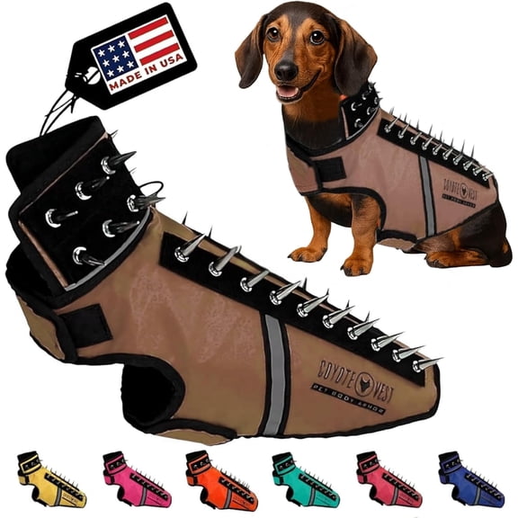 CoyoteVest SpikeVest (Small - Texas Tan) Dog Harness Vest for Small Dogs, Reflective Dog Vest with Spikes to Shield Your pet from Coyotes, Raptor and Animal Attacks, Anti Hawk Vest, Made in USA