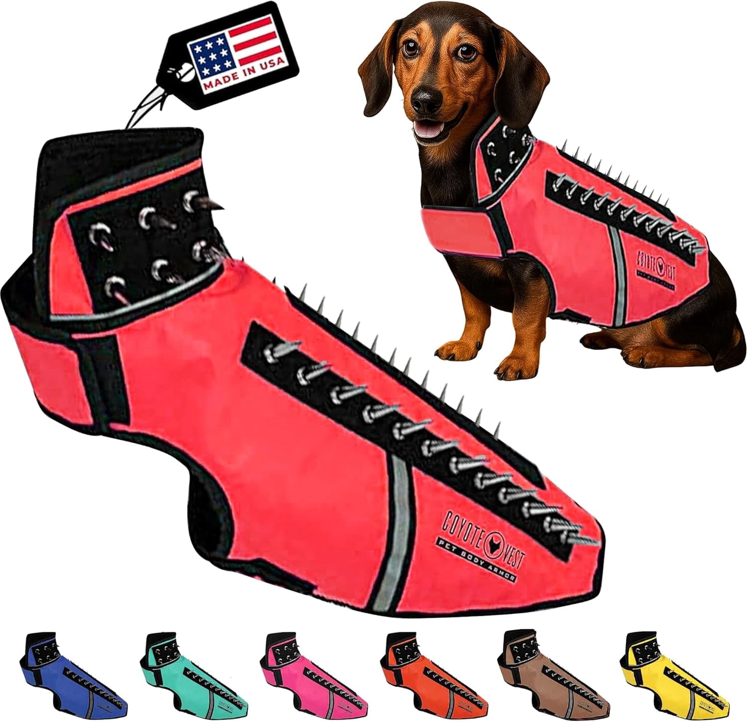 CoyoteVest SpikeVest (M - Red) Dog Harness Vest for Small Dogs, Reflective Dog Vest with Spikes to Shield Your pet from Coyotes, Raptor and Animal Attacks, Anti Hawk Vest, Made in USA
