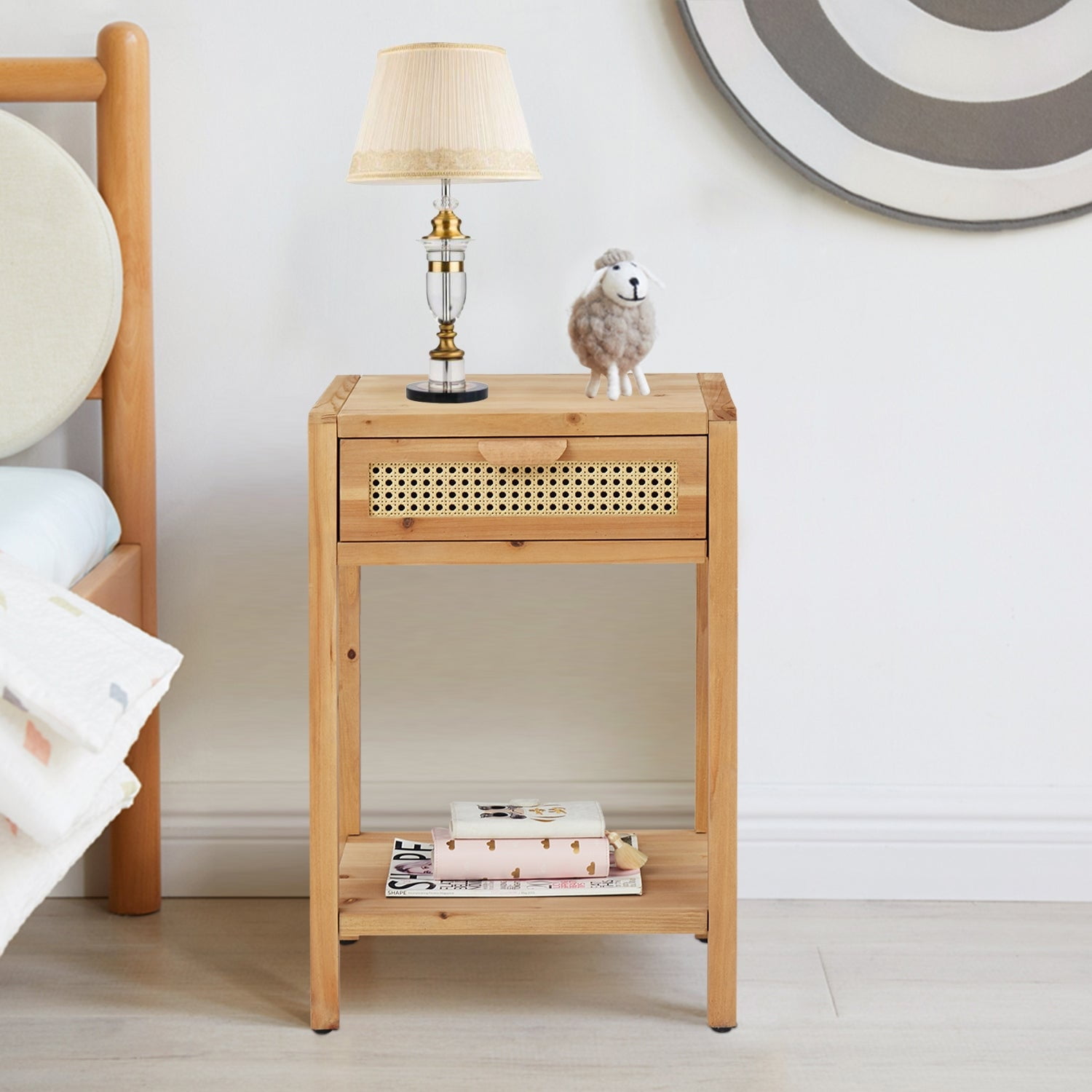 Cozayh Modern Minimalism Nightstand with Woven Pattern Drawer and Shelf