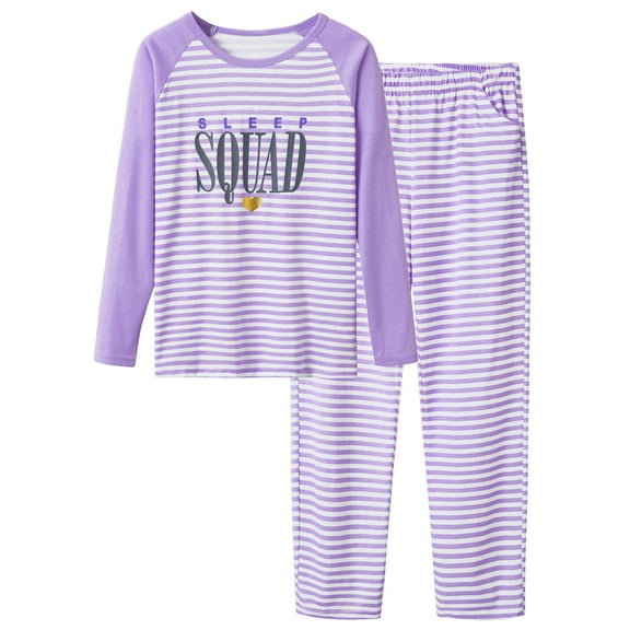 Beezizac Big Girls Pajamas Size 14 - Long Sleeve & Pants 5-PC PJ Set Cute Striped Nighty Purple