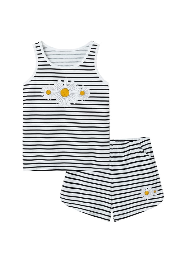 Big Girls Pajamas – Summer Daisy & Black Stripe Comfy Tween PJS Set Kid Size 10