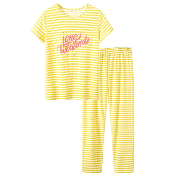 Beezizac Girls Pajamas Yellow Stripe Pyjama Sleepwear Clothes Set Pants Big Kids Size 10