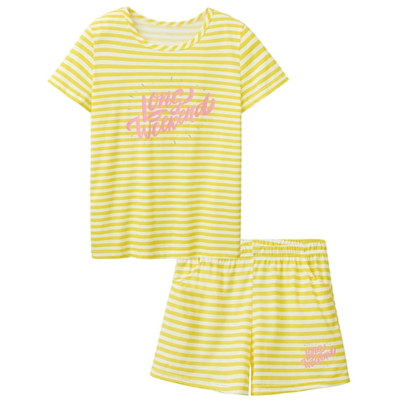 Beezizac Girls Pajamas Yellow Stripe Pyjama Sleepwear Clothes Set Shorts Big Kids Size 10