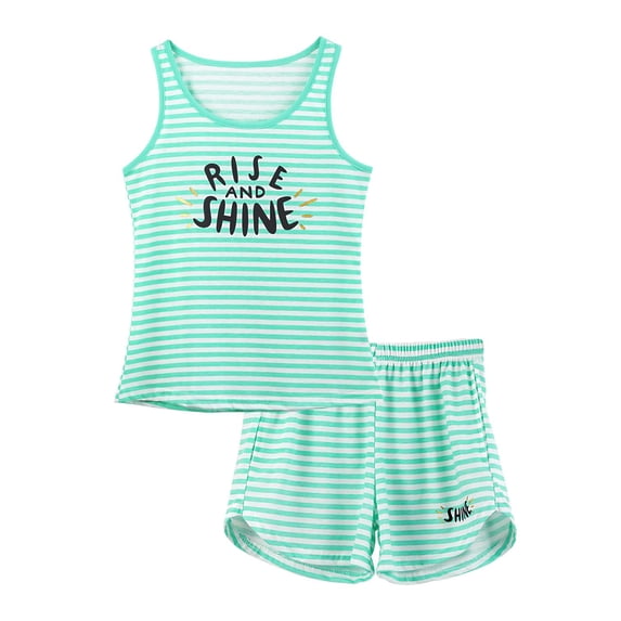 Beezizac Girls Tank Top Pajamas – Size 8 Summer Shorts PJS Set Big Kids Clothes for Tween/Teens Green Stripe