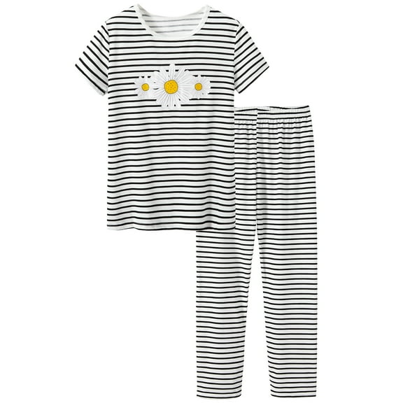Beezizac Pajamas for Teen Girls Trendy Daisy Stripe Summer Jammies PJ Set Big Kid Size 10