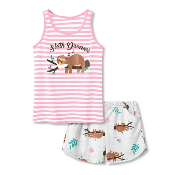Beezizac Summer Pajamas for Girls – Pink & Cute Gray Sloth PJS Ultra Soft Jammies Set Size 12