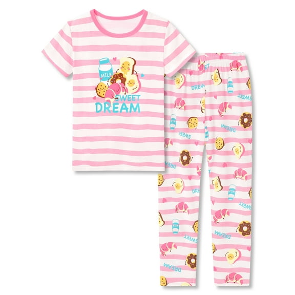 Beezizac Summer Pajamas for Girls - Pink Wave Striped PJ Set Soft Jammies Size 14