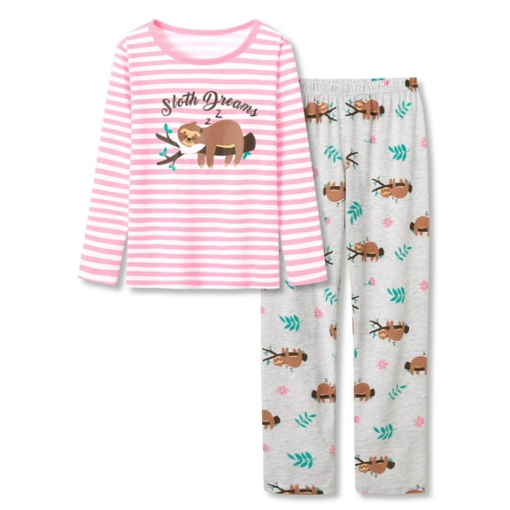 Beezizac Winter Pajamas for Girls – Pink Cute Gray Sloth Long Sleeves & Pants PJS Ultra Soft Jammies Set Size 14