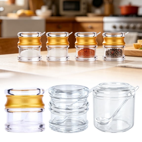 CozeLy Condiment Containers with Lids Acrylic Transparent Spice Containers with Spoon Sugar Pepper Storage Pots Set for Home Kitchen and Restaurant