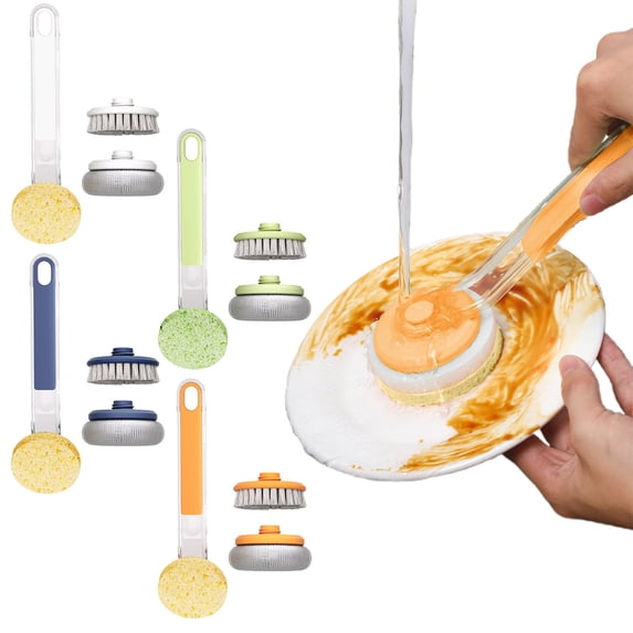 CozeLy Non Stick Pan Scrubber with 3 Replacement Heads Multi Purpose Kitchen Cleaning Brush Comfortable Handle Scrubber for Pots Pans Cooktop Tile and Oven