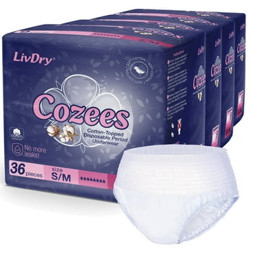 Cozees Disposable Period Underwear for Women, Menstrual and Postpartum High Absorbency, Cotton Covered Comfort, Made in USA (Small/Medium, 36 Count)